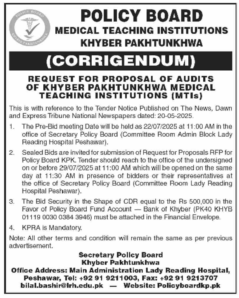 Medical Teaching Institutions Peshawar Tender Notice